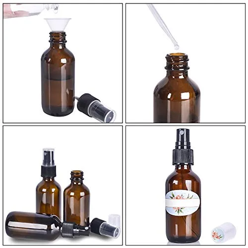 12 Pack, HwaShin 2oz Amber Glass Spray Bottles with Black Fine Mist Sprayers for Essential Oils, Perfumes & Aromatherapy (2 Funnels, 3 Droppers, 2 Extra Nozzles, 24 Pieces Labels Included)