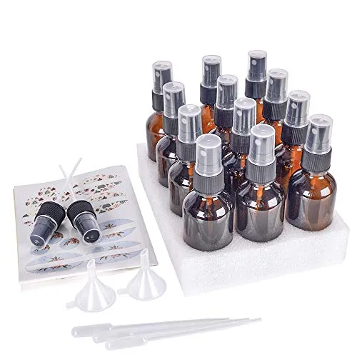 12 Pack, HwaShin 2oz Amber Glass Spray Bottles with Black Fine Mist Sprayers for Essential Oils, Perfumes & Aromatherapy (2 Funnels, 3 Droppers, 2 Extra Nozzles, 24 Pieces Labels Included)