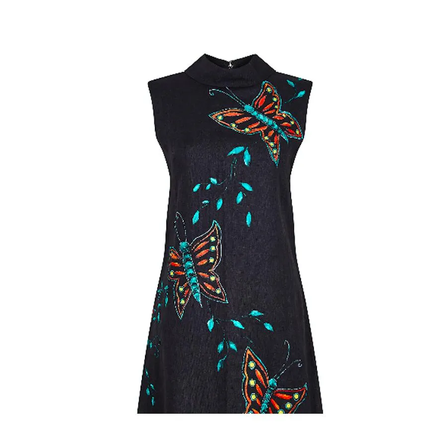 1960s Black Linen Hand Painted Butterfly Print Dress