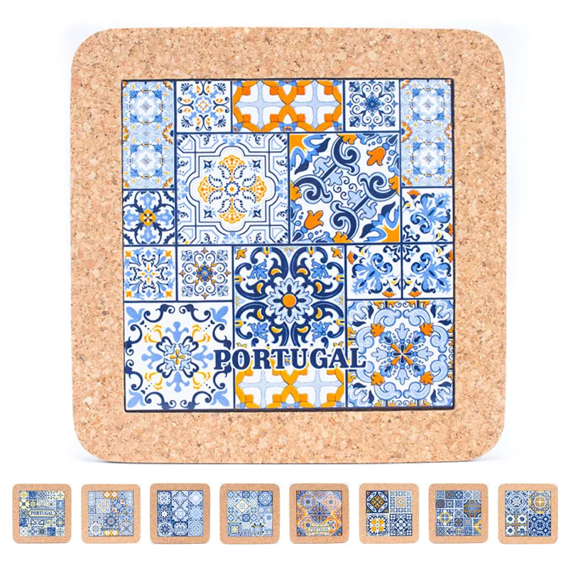 (5units)Cork with Ceramic Ethnic Portuguese Azulejo coasters- L-852-Coaster