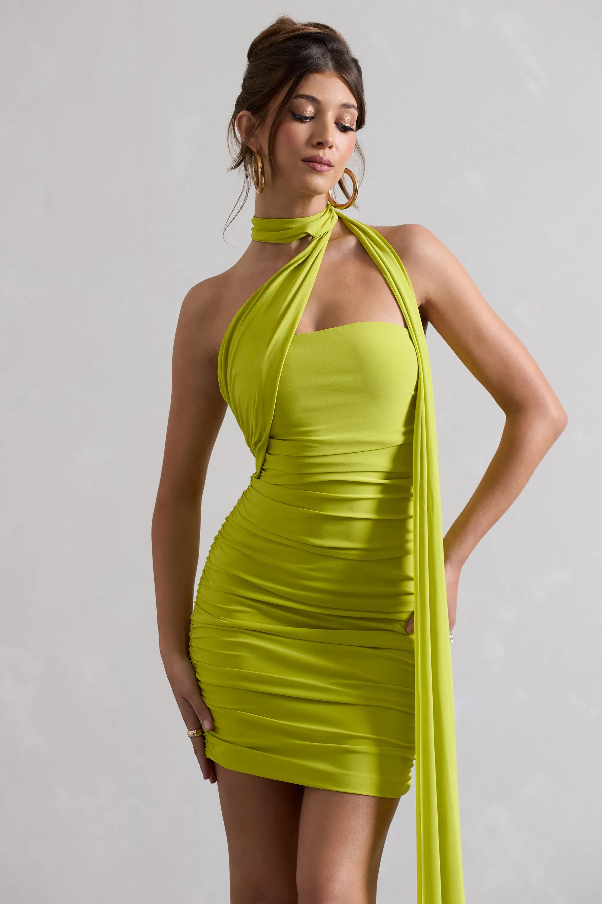 Abel | Lime Green Ruched One Shoulder Mini Dress With Scarf