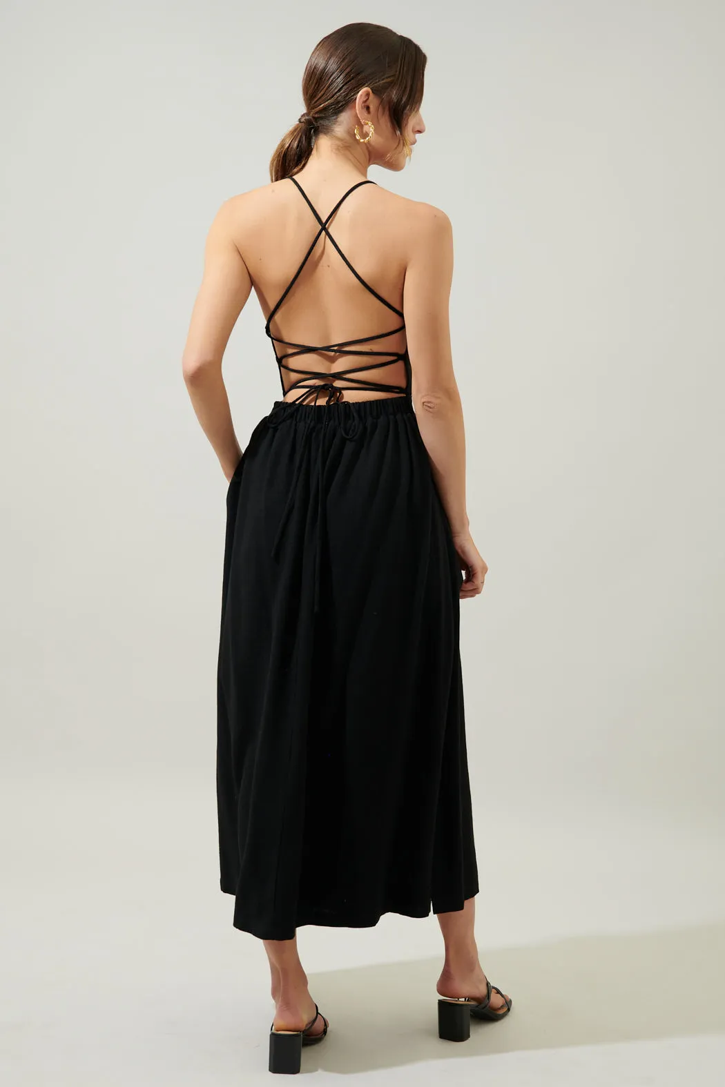 Aisha Open Back Lace Up Midi Dress