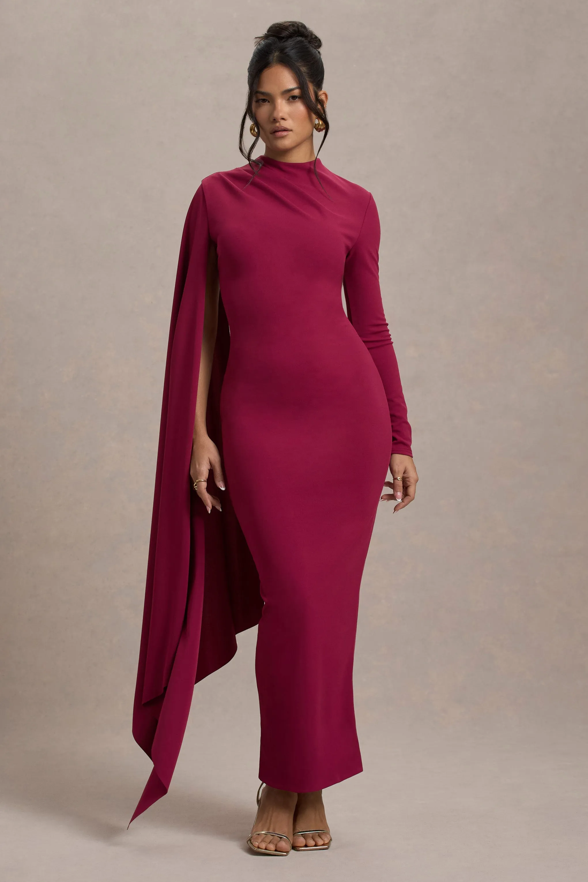 Aldona | Mulberry High-Neck Long-Sleeve Maxi Dress With Cape Sleeve