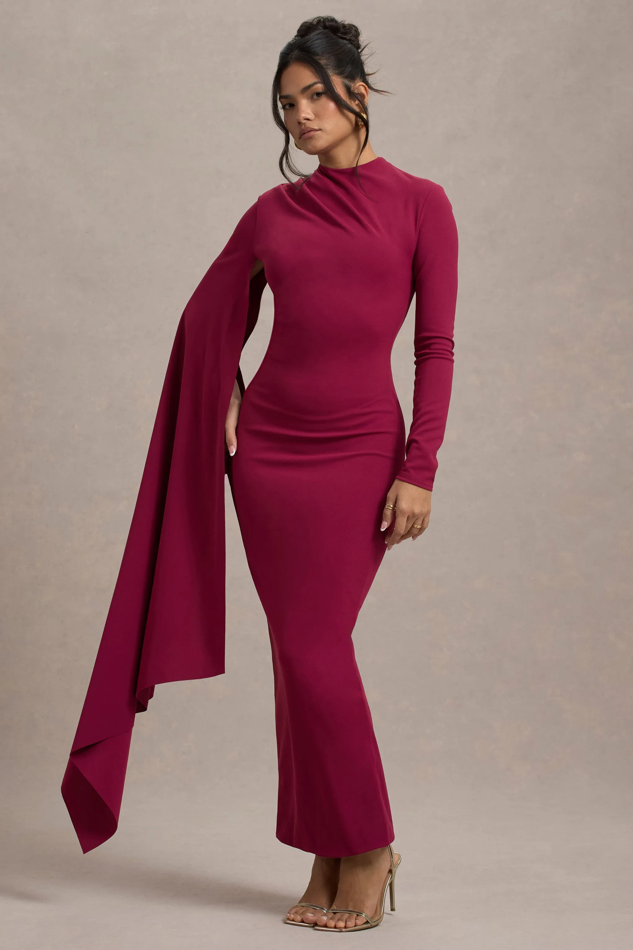 Aldona | Mulberry High-Neck Long-Sleeve Maxi Dress With Cape Sleeve