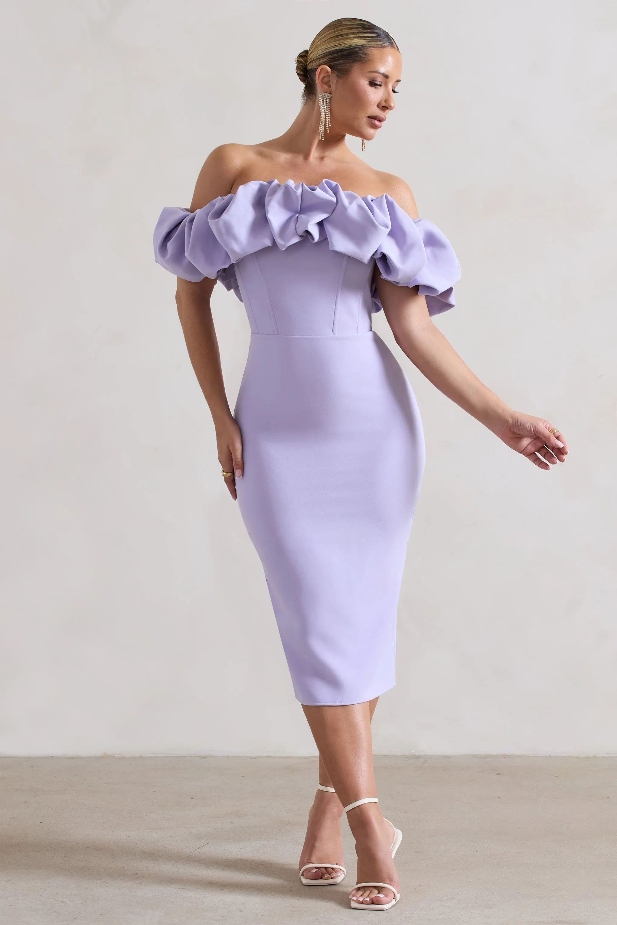 Amie | Lilac Structured Ruffle Bardot Midi Dress