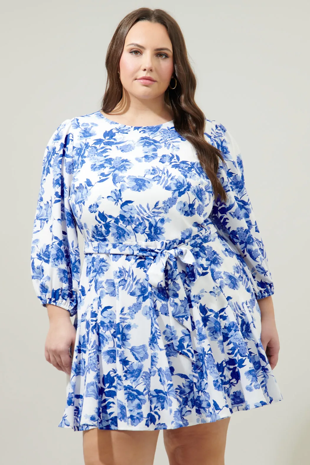 Antoinette Blue Floral Collins Godet Mini Dress Curve