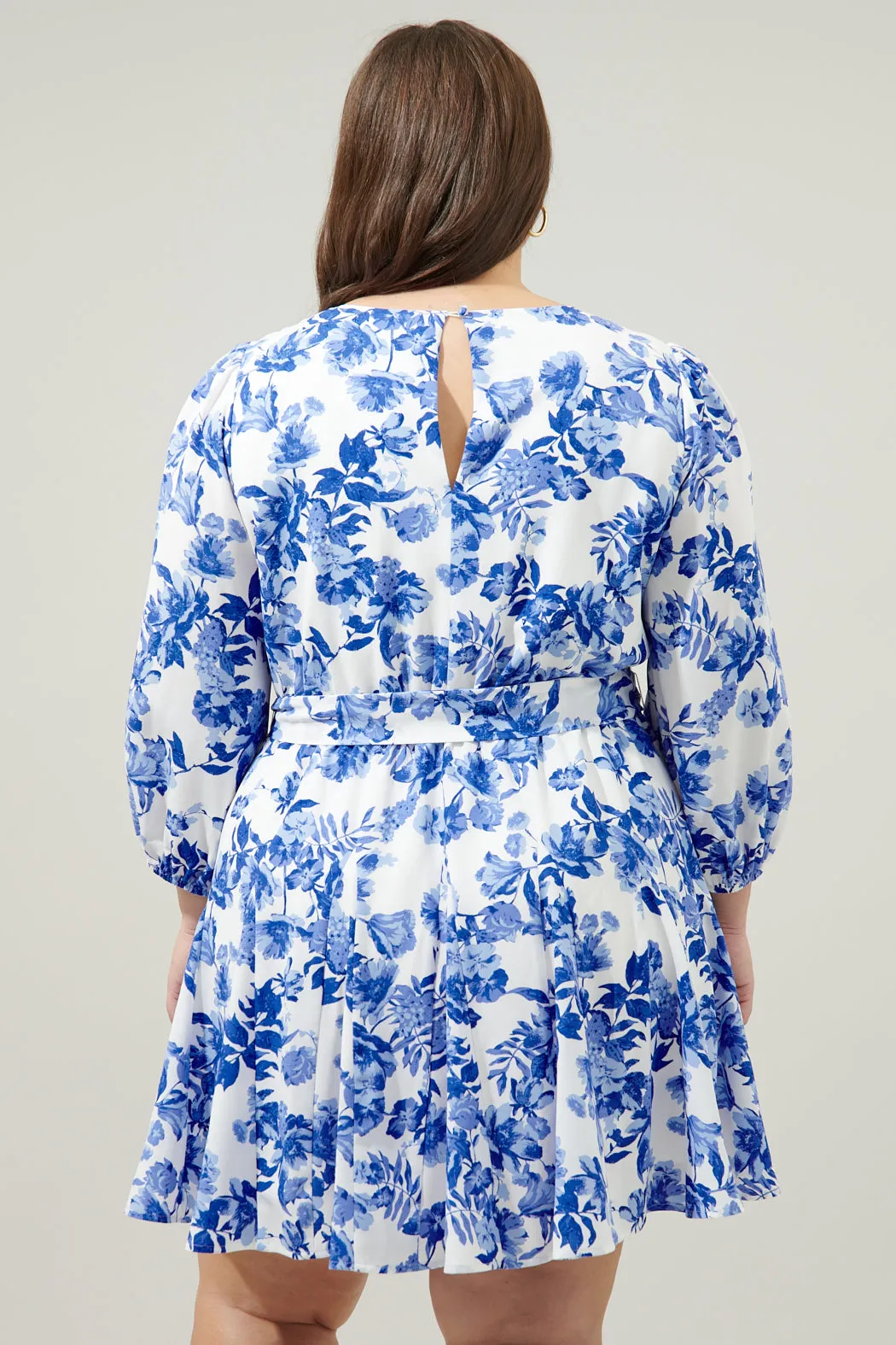 Antoinette Blue Floral Collins Godet Mini Dress Curve