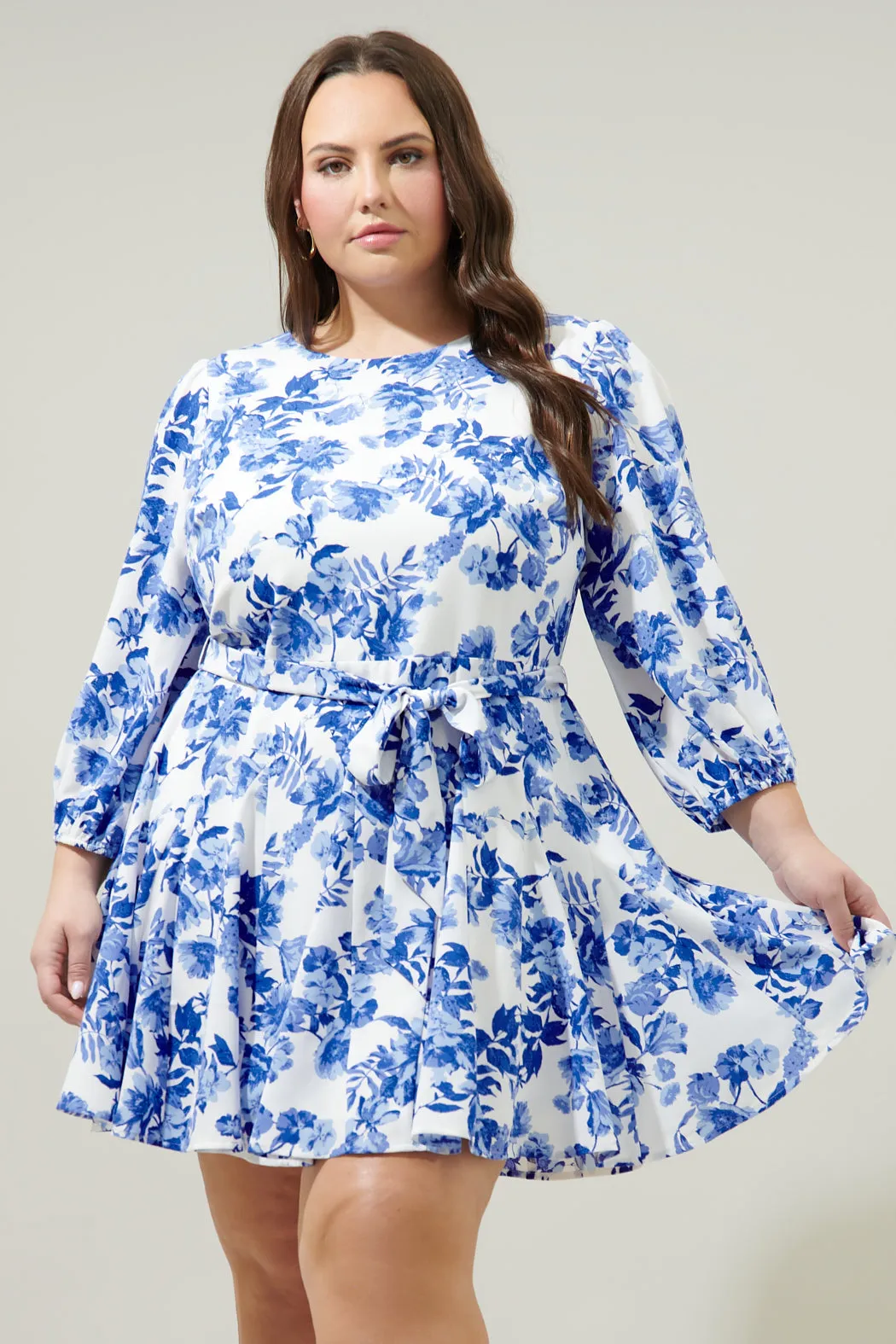 Antoinette Blue Floral Collins Godet Mini Dress Curve