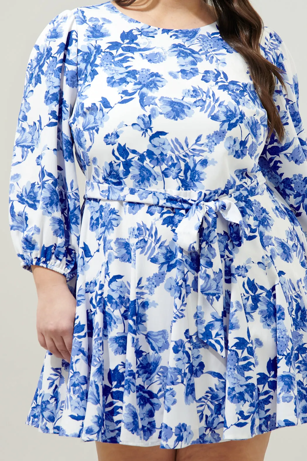 Antoinette Blue Floral Collins Godet Mini Dress Curve