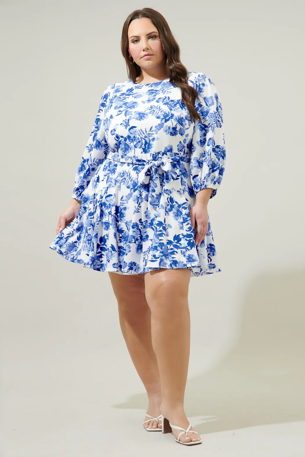 Antoinette Blue Floral Collins Godet Mini Dress Curve