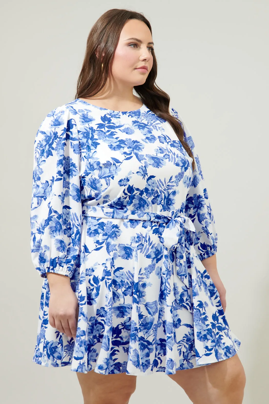 Antoinette Blue Floral Collins Godet Mini Dress Curve