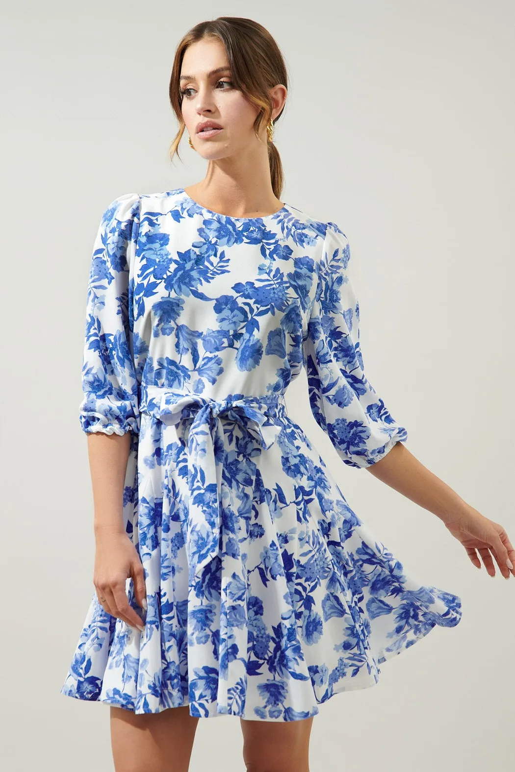 Antoinette Blue Floral Collins Godet Mini Dress