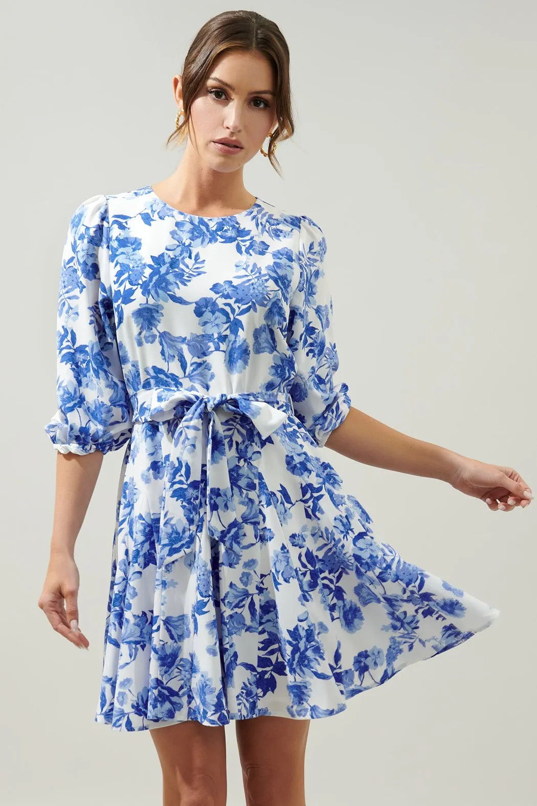 Antoinette Blue Floral Collins Godet Mini Dress