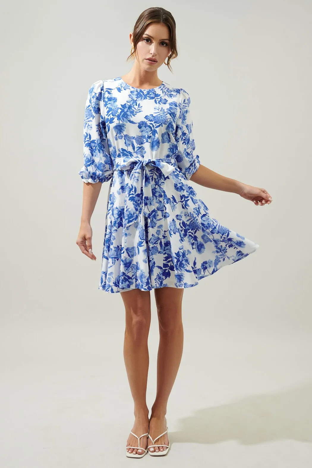 Antoinette Blue Floral Collins Godet Mini Dress