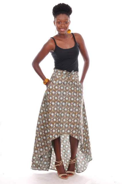 Aqua and Brown African Print High waist High Low Skirt-DP3259HL