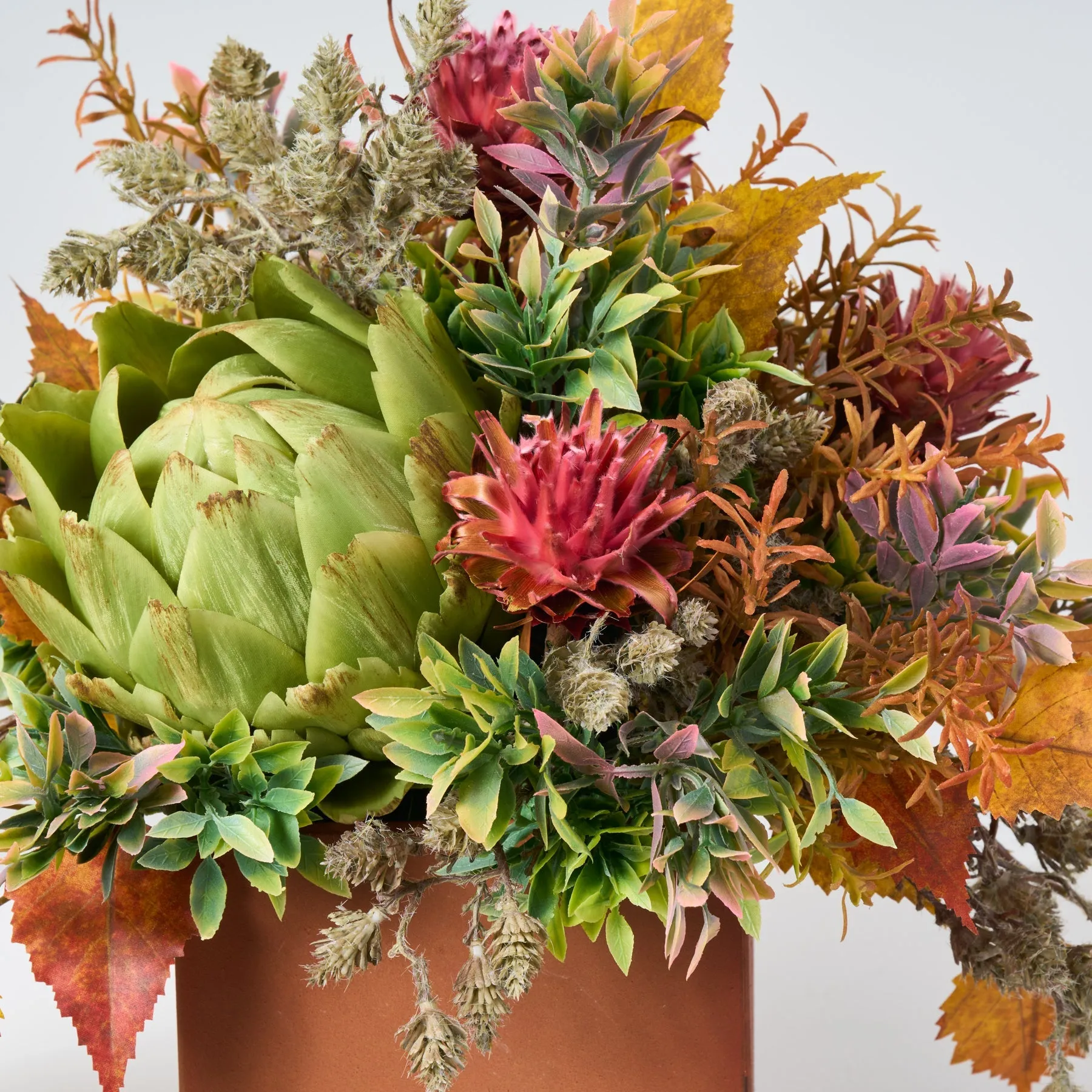 Artichoke Sunset Table Top Arrangement in Metal Coated Cube Planter Box