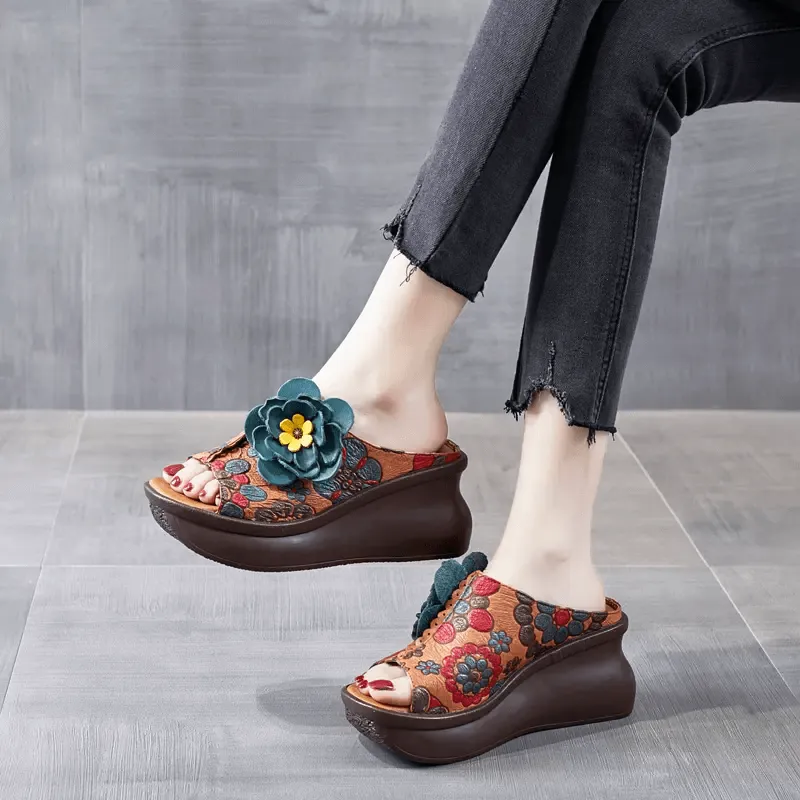 Babakud Women Summer Premium Floral Leather Platform Wedge Heels