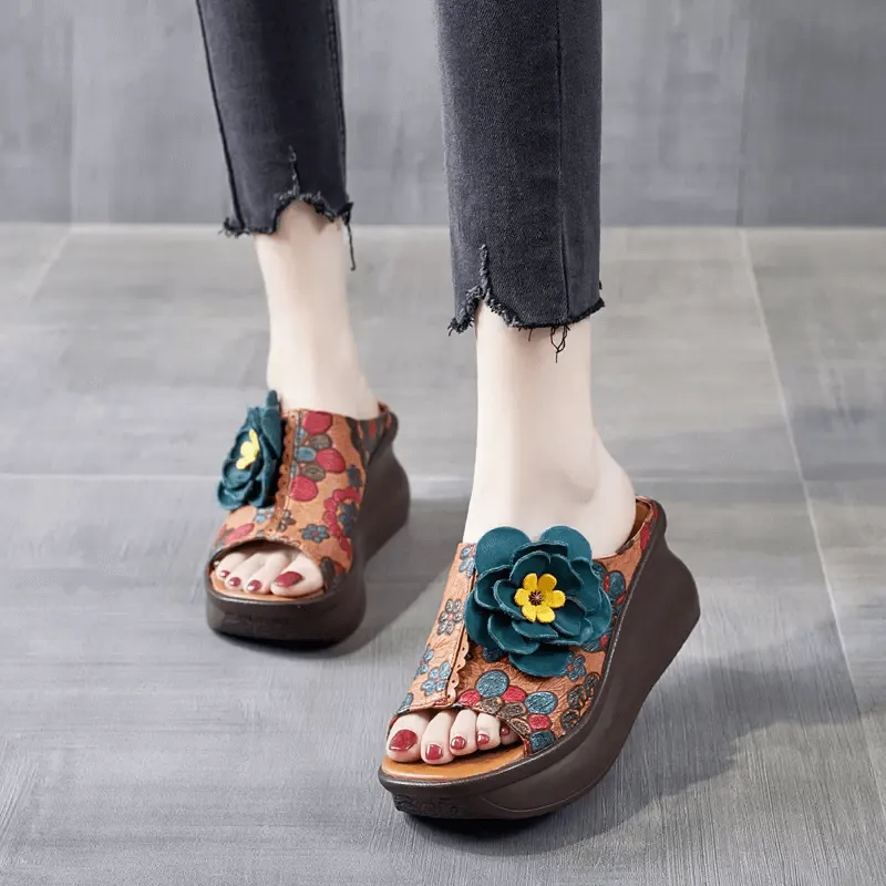 Babakud Women Summer Premium Floral Leather Platform Wedge Heels