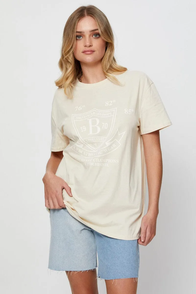 Beige Graphic T Shirt Short Sleeve