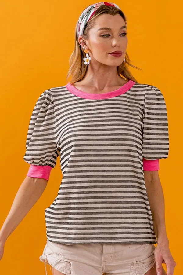 BK Brand Puff Sleeve Striped Top