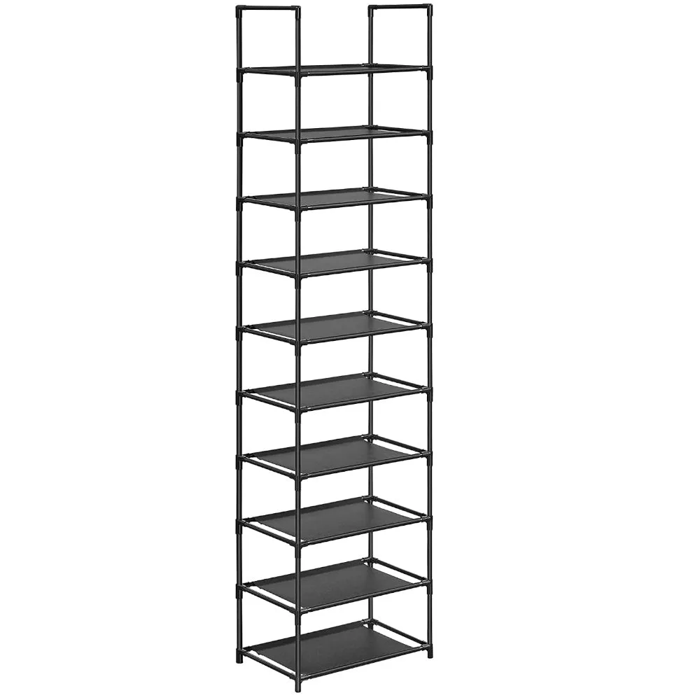 Black 10-Tier Metal Shoe Rack, Non-Woven Fabric Shelves