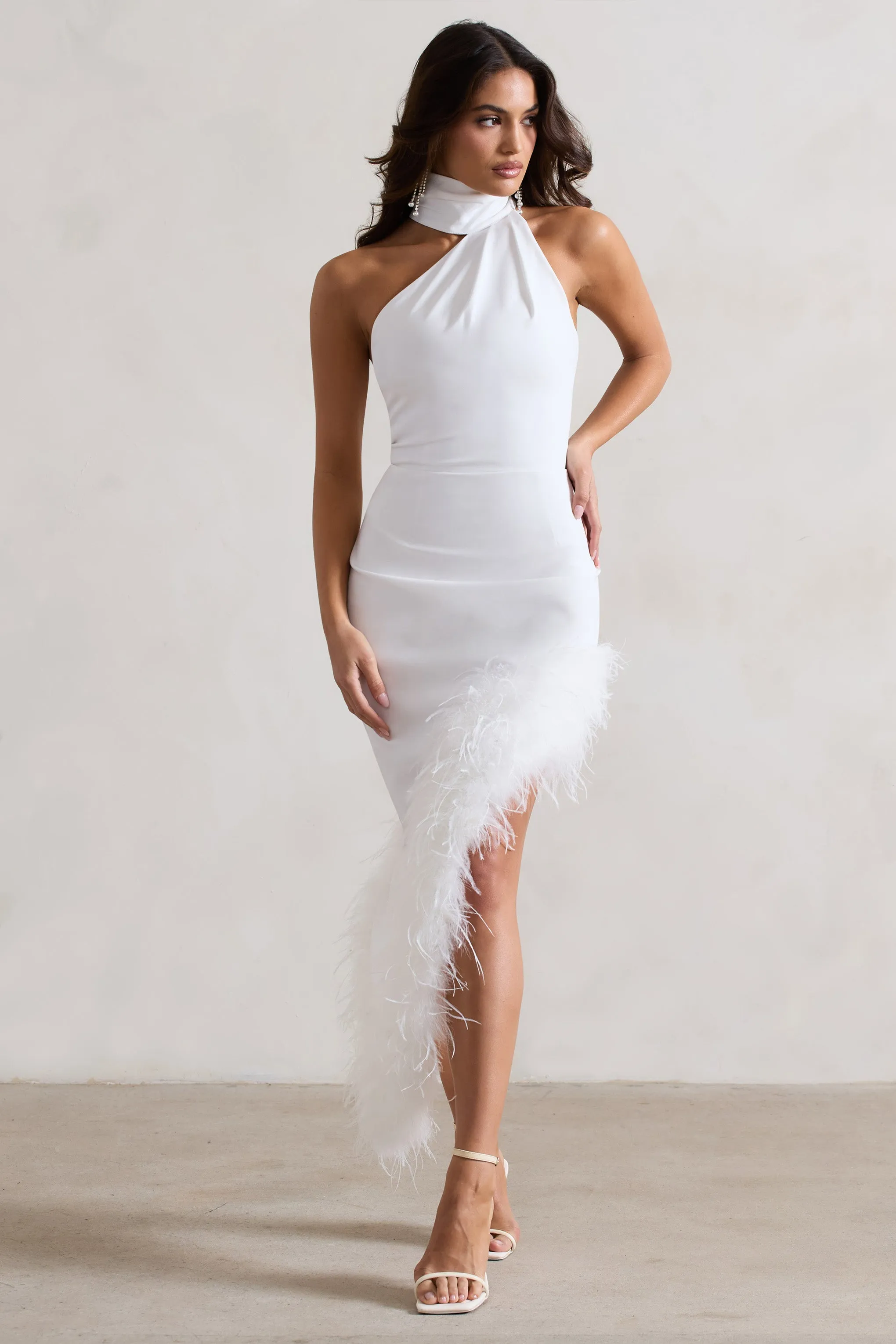 Brilliance | White Asymmetric Maxi Dress With Feather Trim