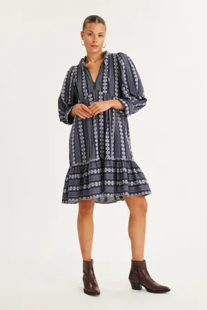 Blue Embroidered Long-Sleeve Mini Dress with Patriot Design