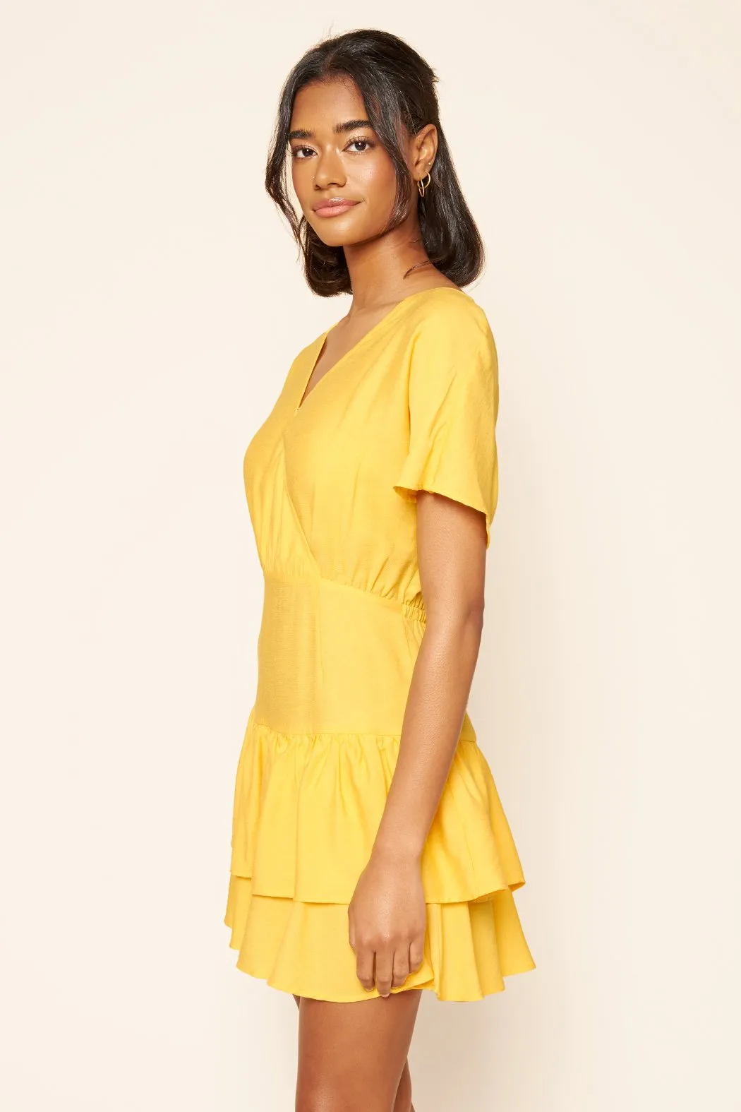 Canary Yellow Short Sleeve Ruffle Mini Dress