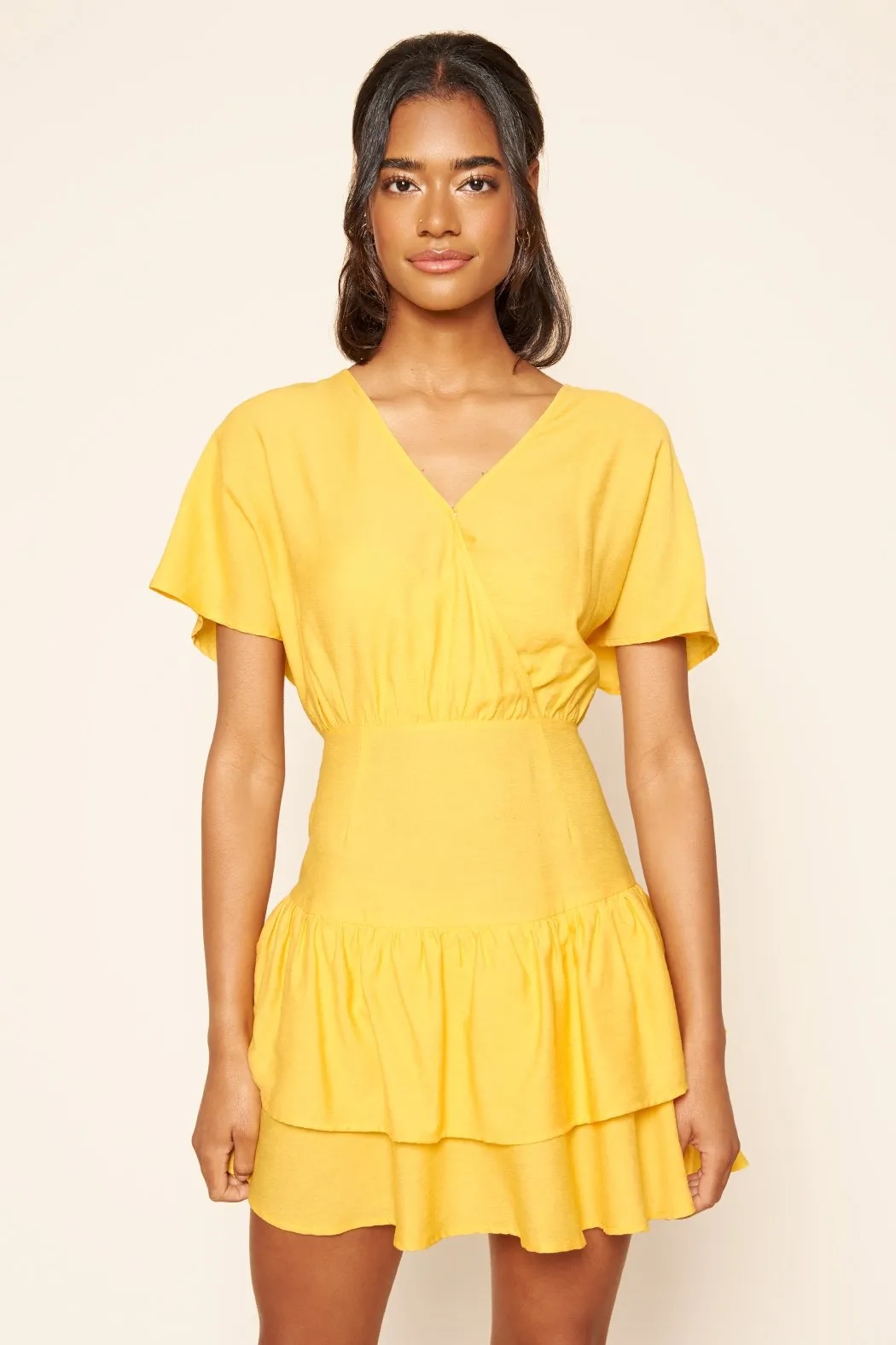 Canary Yellow Short Sleeve Ruffle Mini Dress