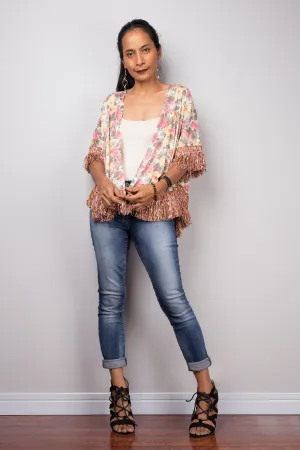 Cropped short sleeve floral cardigan with fringe