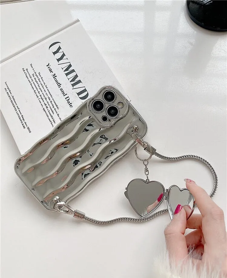 Cute Electroplated Silver 3D Waves Design   Silver Heart Shape Mirror Chain Strap Protective iPhone Case for iPhone 11 12 13 14 Pro Max Case