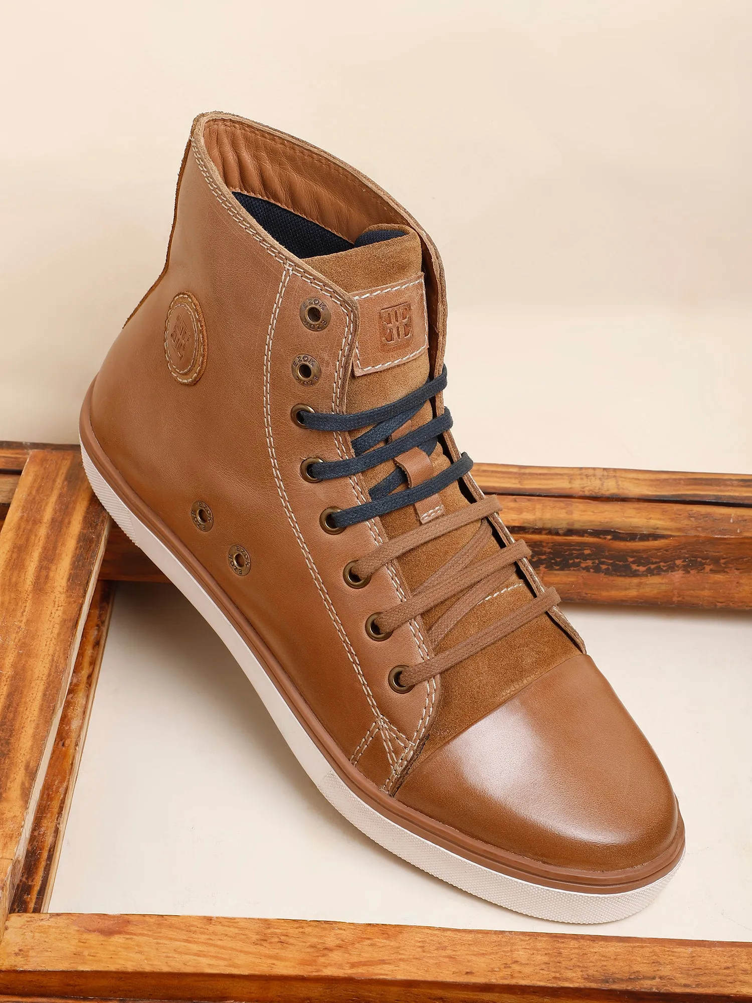 Ezok Brown Lace-ups Leather Sneakers For Men