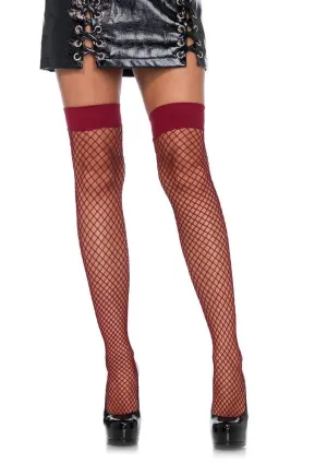 Fishnet Thigh High Stockings in Burgundy