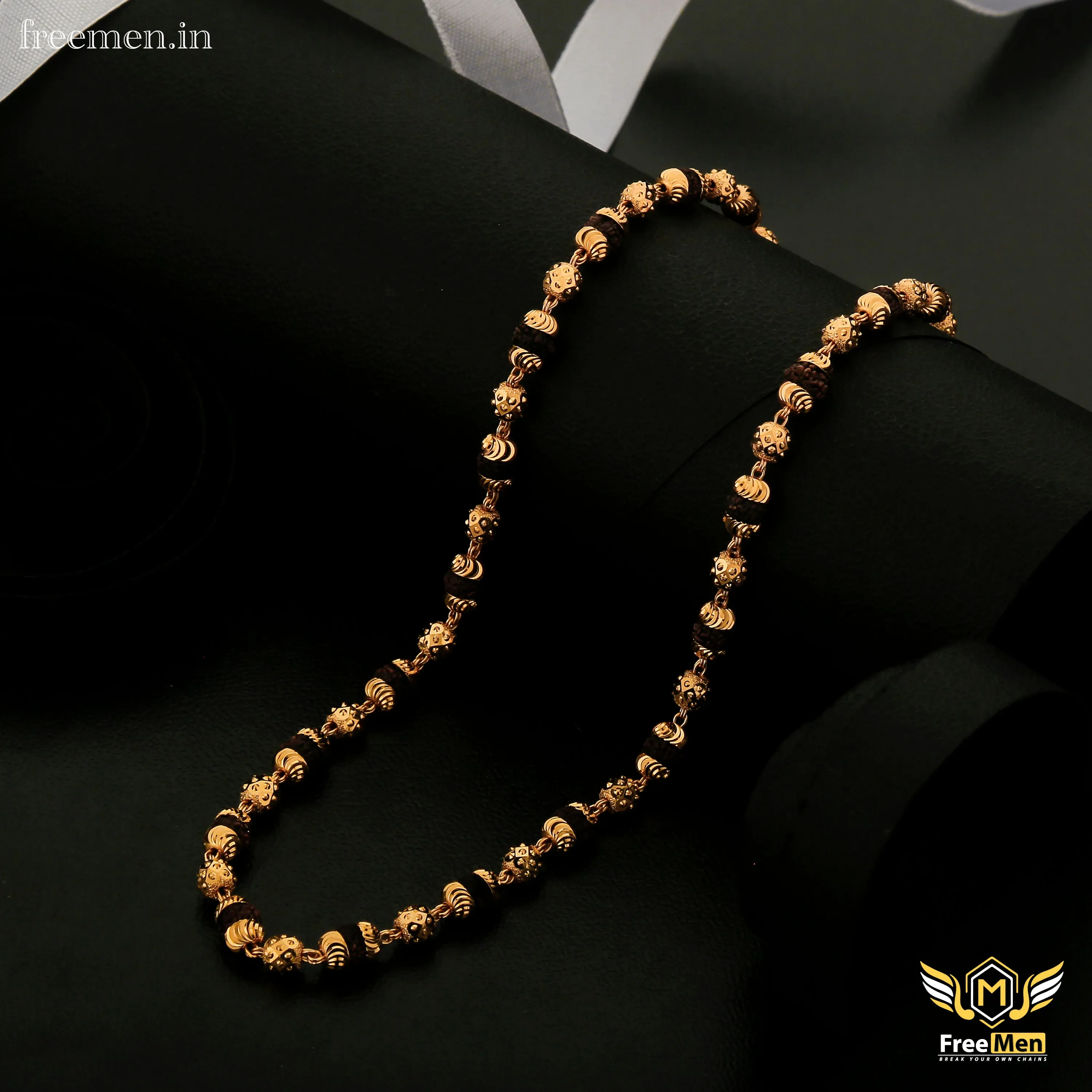 Freemen Black one by one Gold Plated Rudraksha Mala - FM063