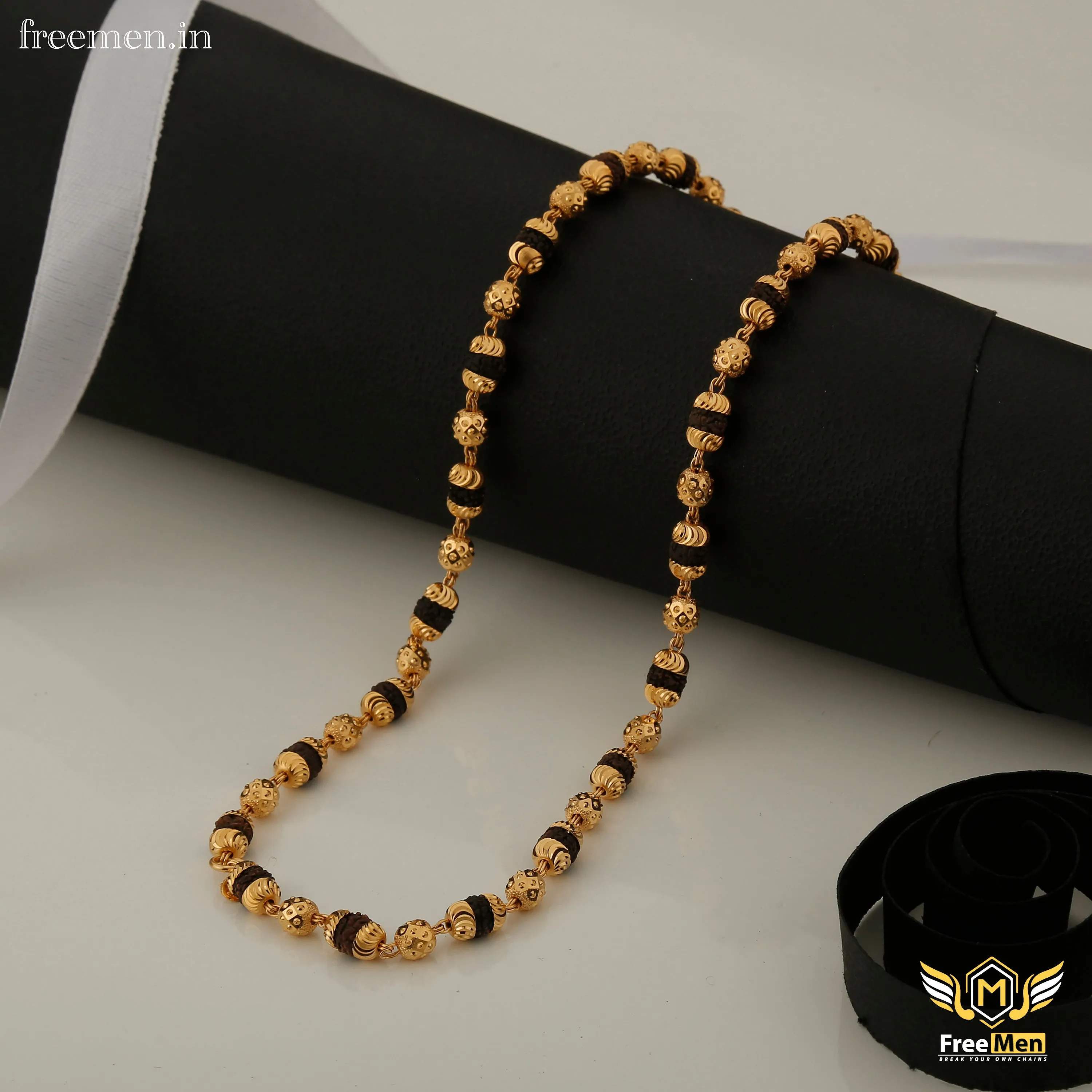 Freemen Black one by one Gold Plated Rudraksha Mala - FM063