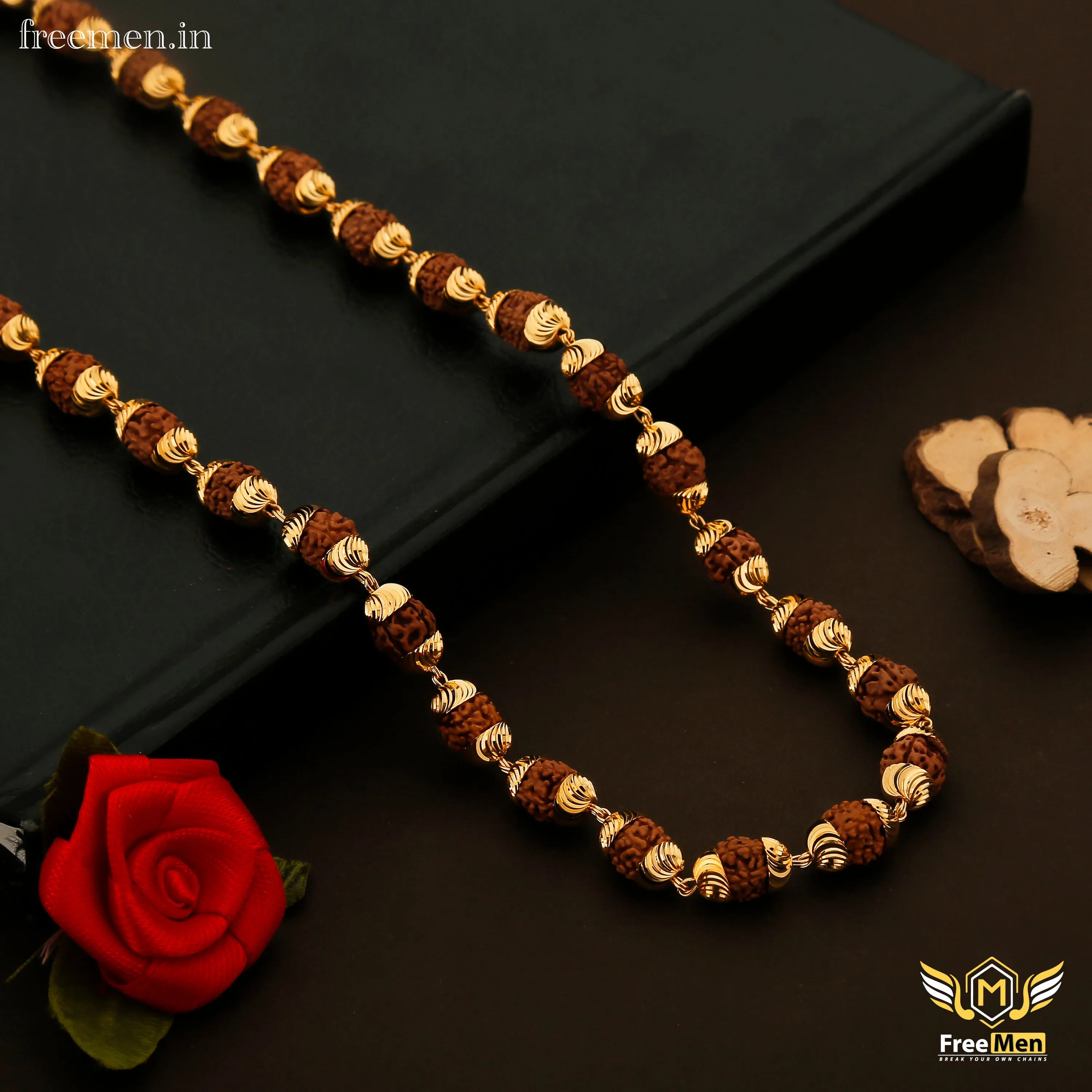 Freemen Brown Gold Plated Rudraksha Mala - FM057