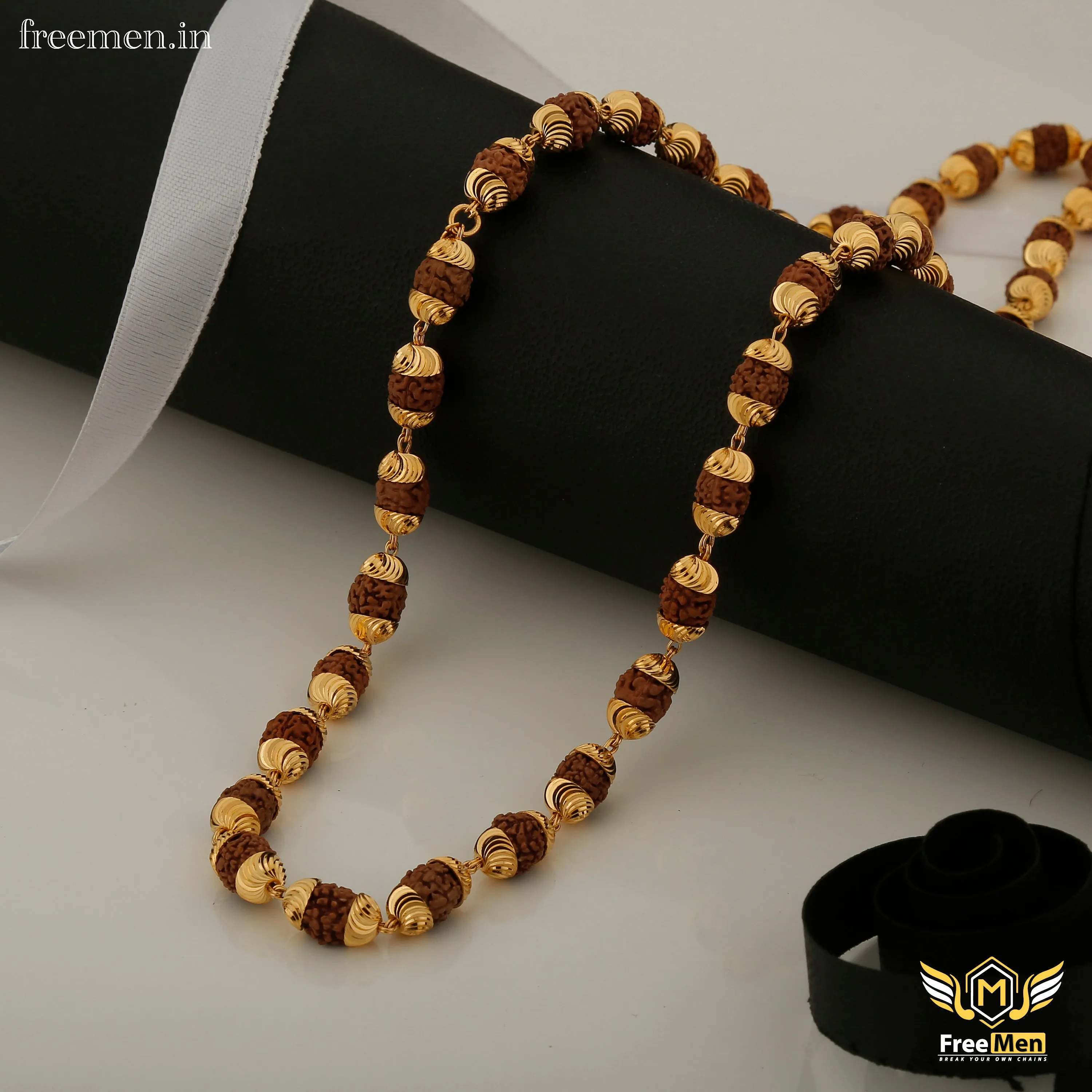 Freemen Brown Gold Plated Rudraksha Mala - FM057