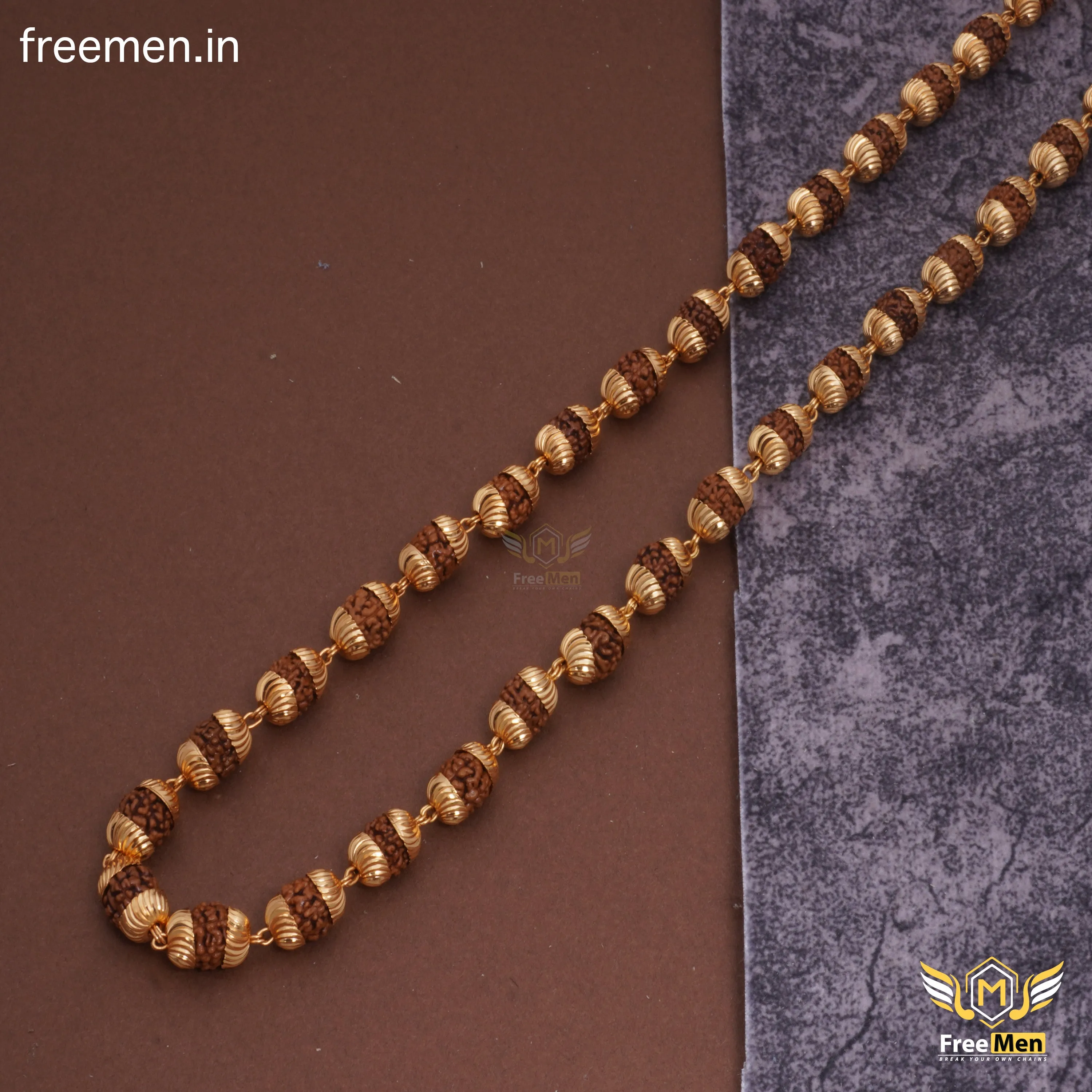 Freemen CNC CAP Brown Golden Plated Rudraksha Mala - FM126