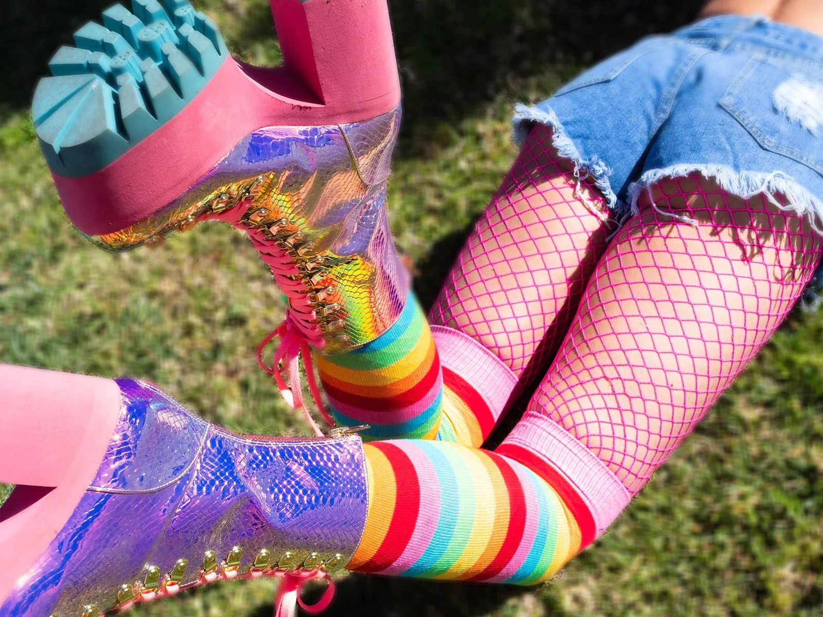 Neon Rainbow Striped Over the Knee Socks