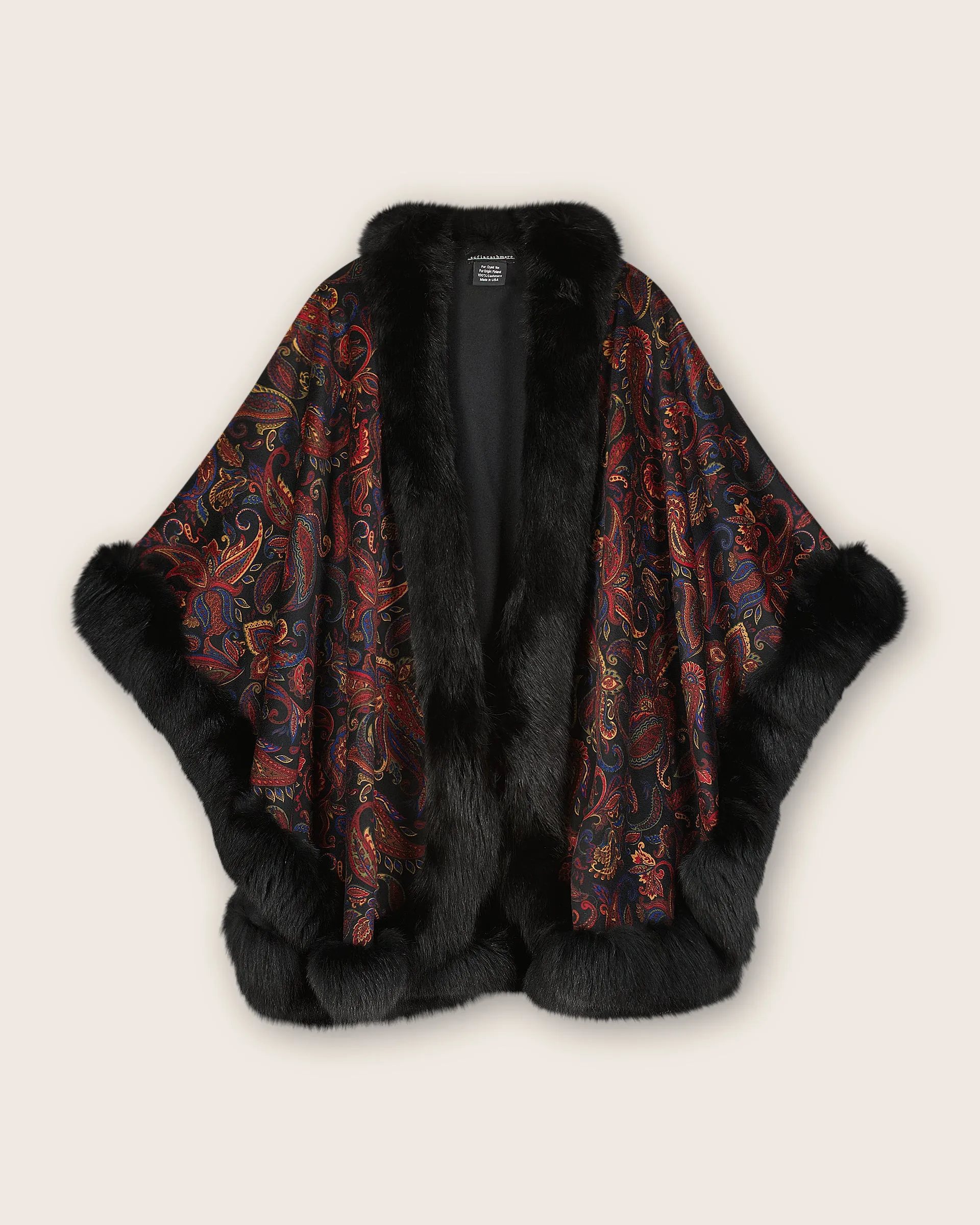 Nuovo Paisley Printed Fur Trimmed Cashmere  Cape