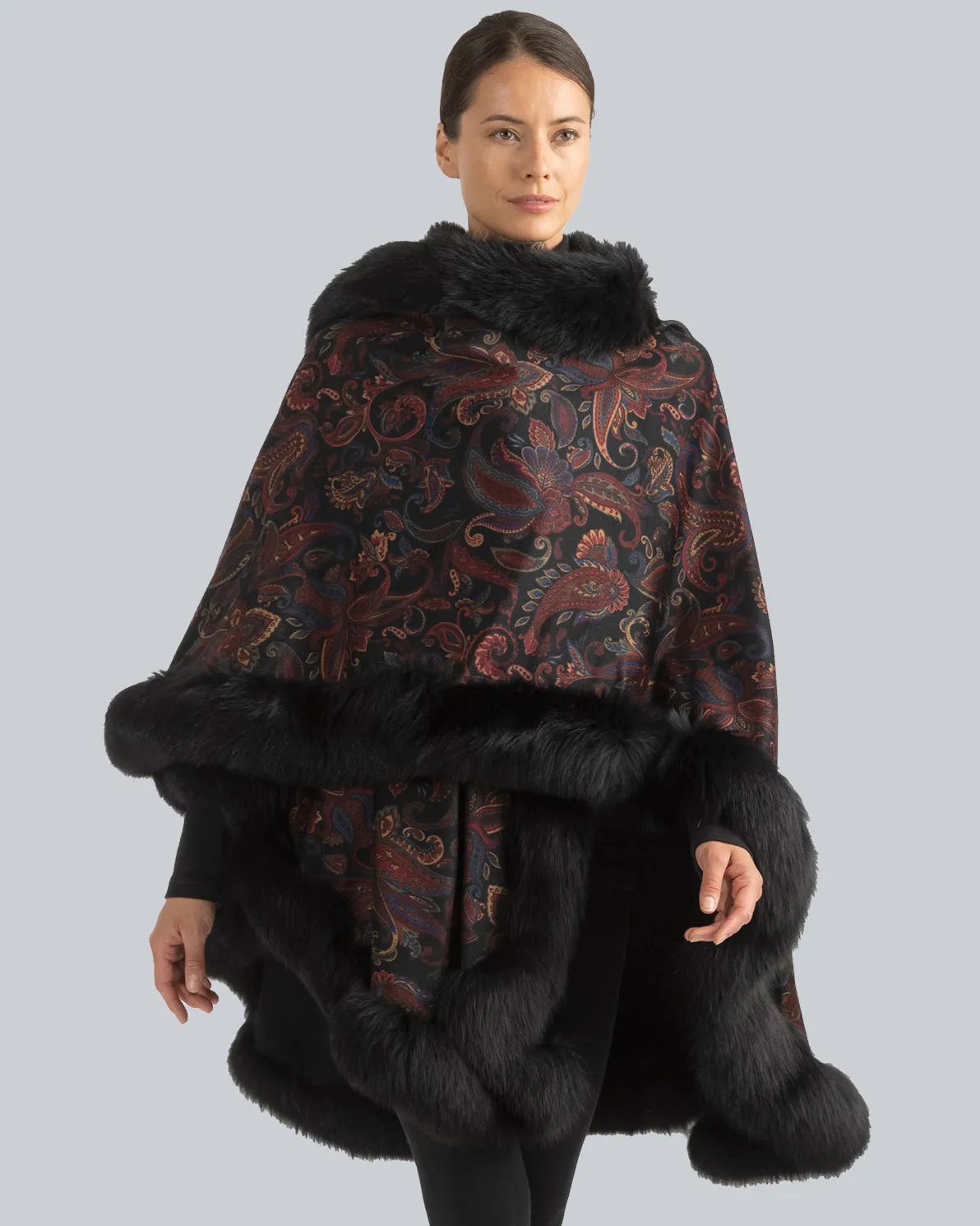 Nuovo Paisley Printed Fur Trimmed Cashmere  Cape