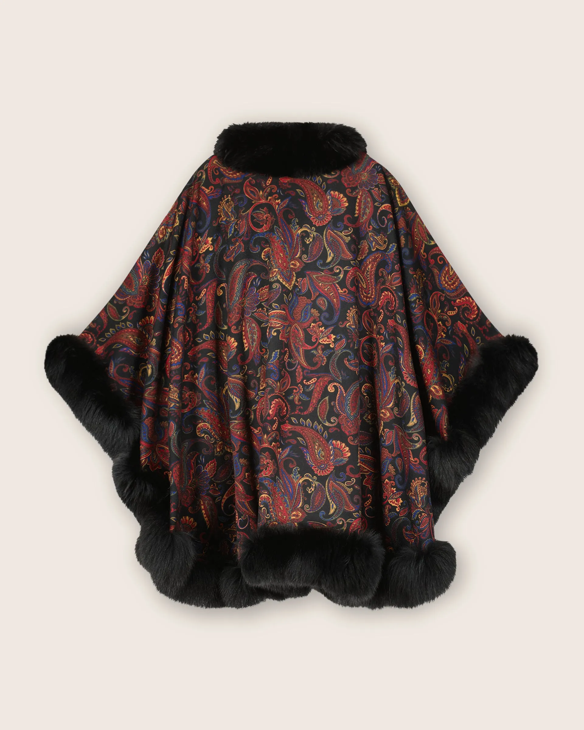 Nuovo Paisley Printed Fur Trimmed Cashmere  Cape