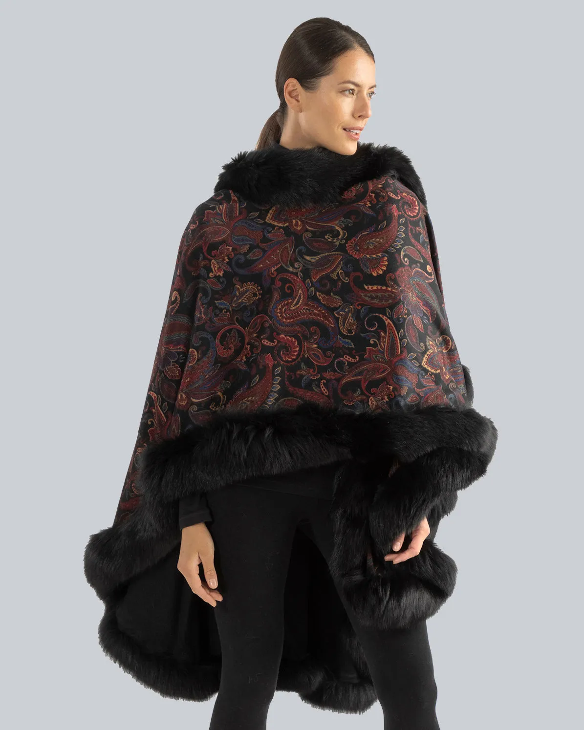 Nuovo Paisley Printed Fur Trimmed Cashmere  Cape