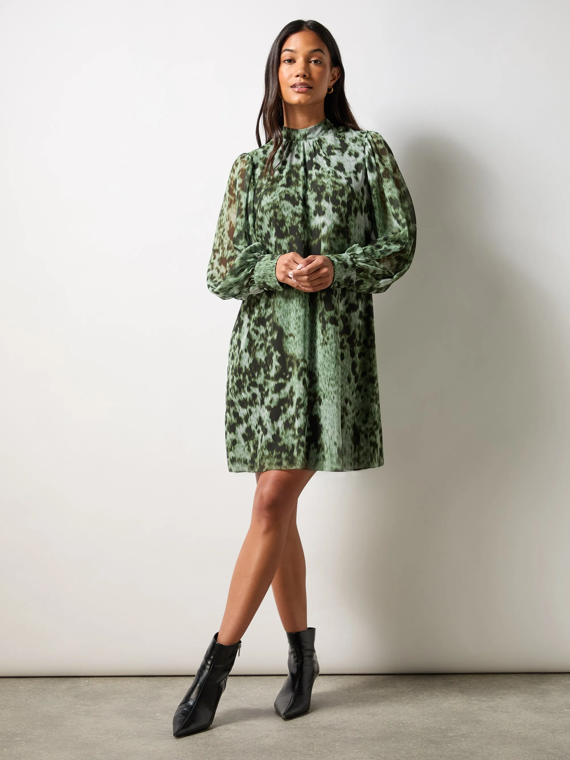 Petite Green Leopard Print High Neck Dress