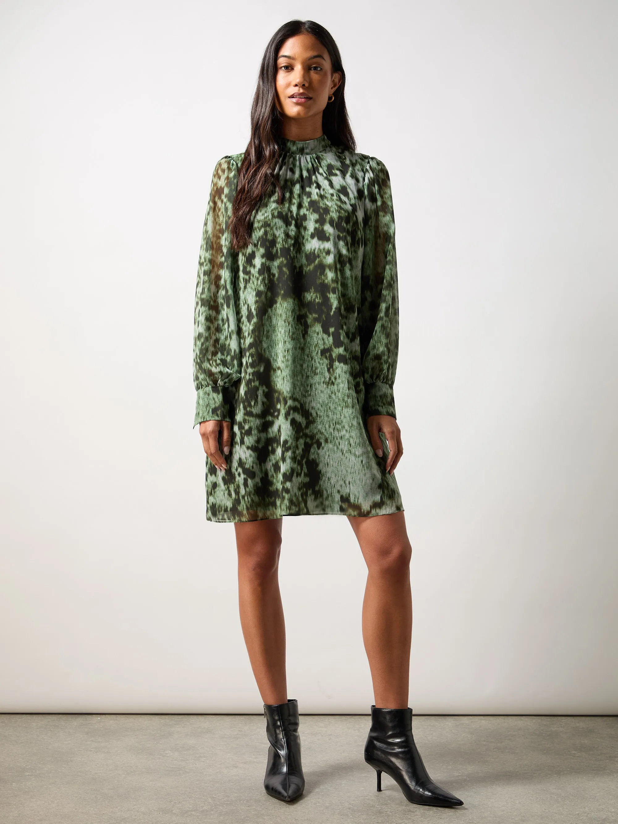 Petite Green Leopard Print High Neck Dress