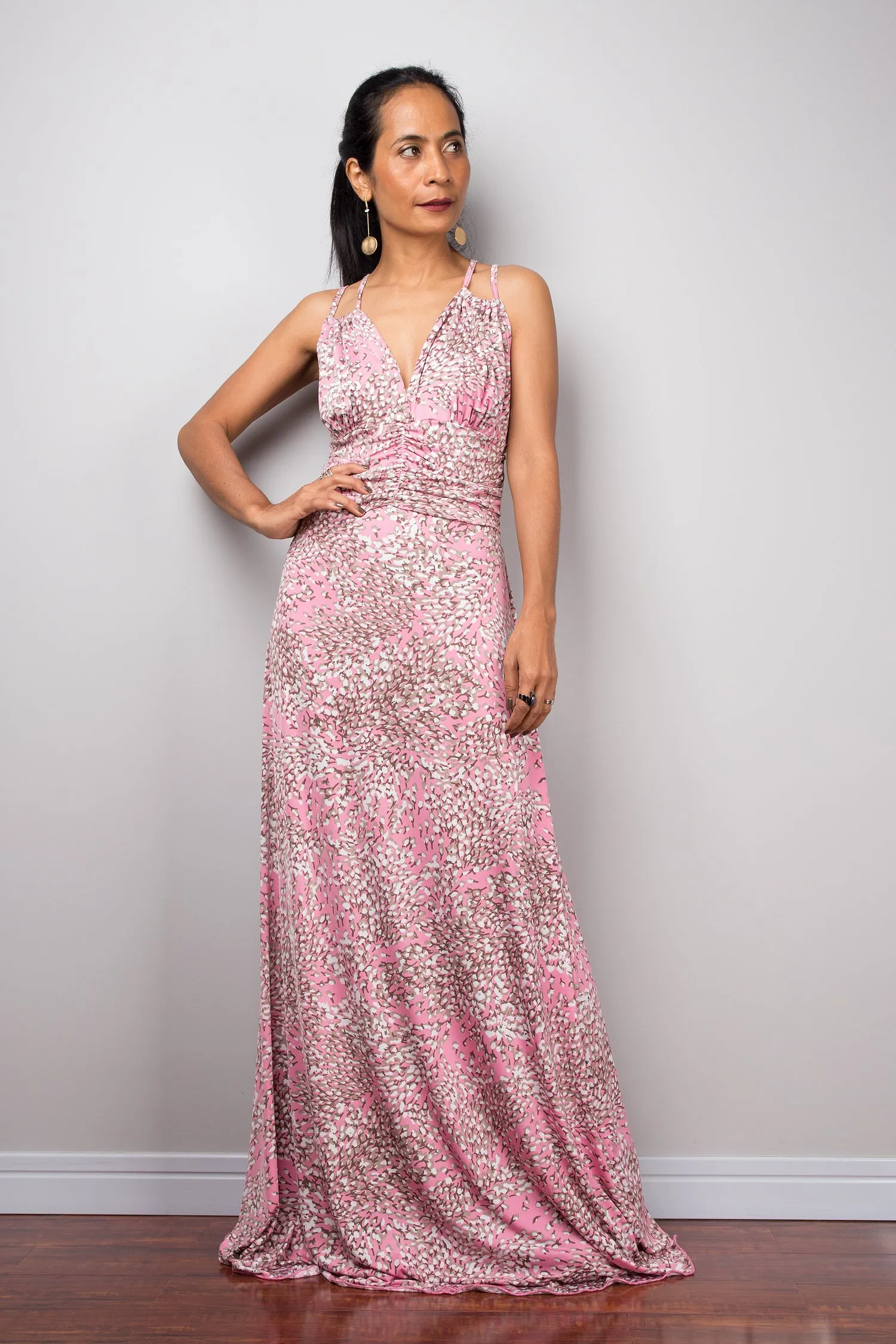 Pink Maxi Strap Dress, Formal evening frock dress, High-waist cocktail dress