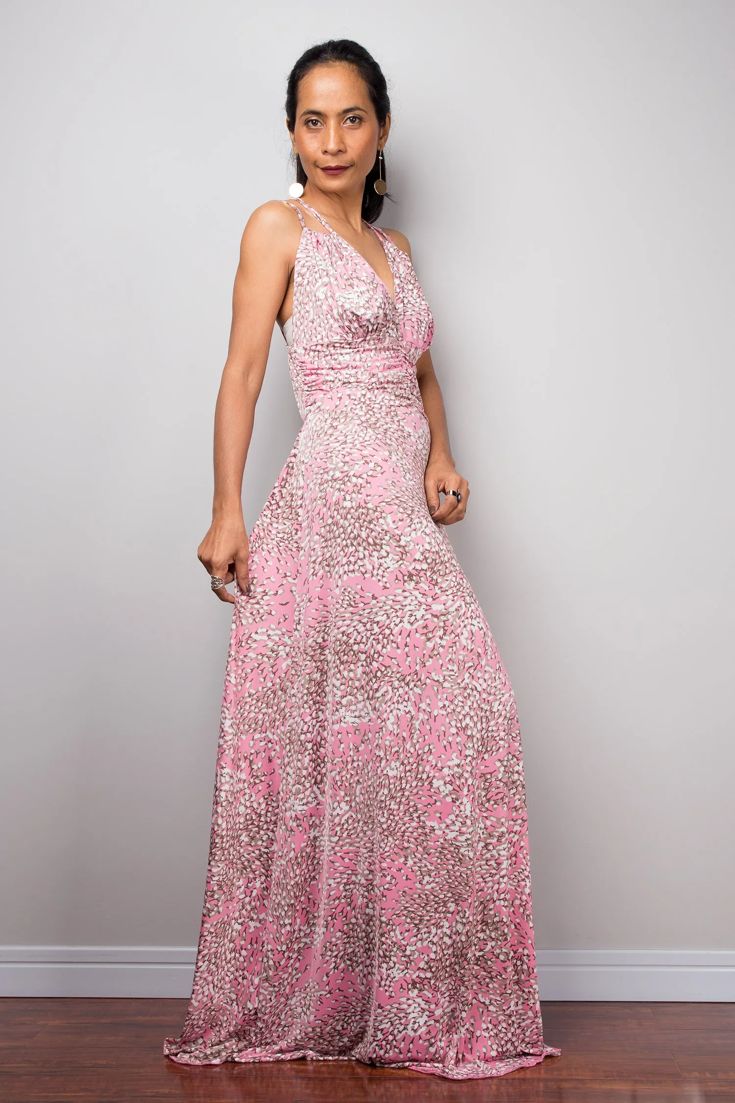 Pink Maxi Strap Dress, Formal evening frock dress, High-waist cocktail dress