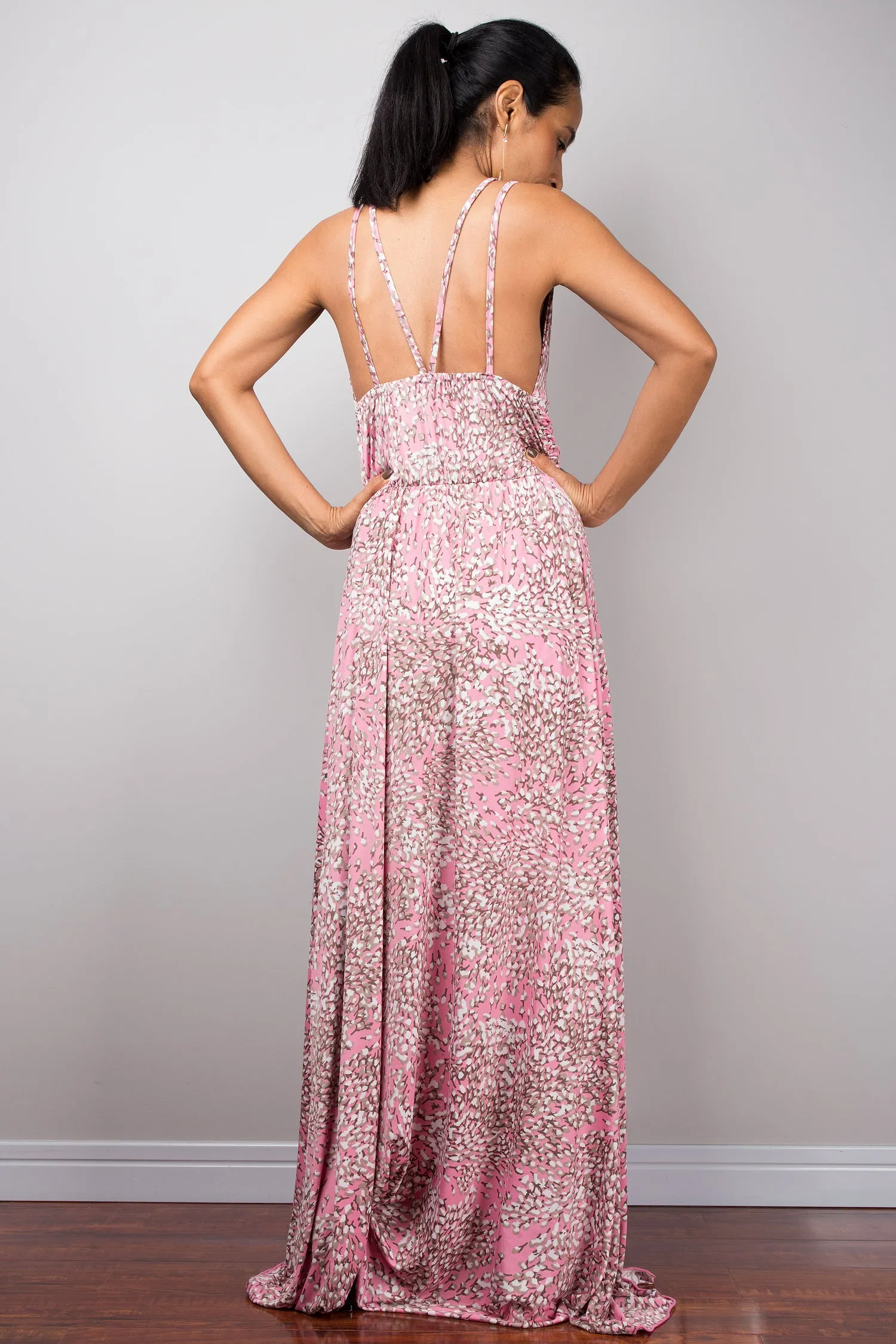 Pink Maxi Strap Dress, Formal evening frock dress, High-waist cocktail dress