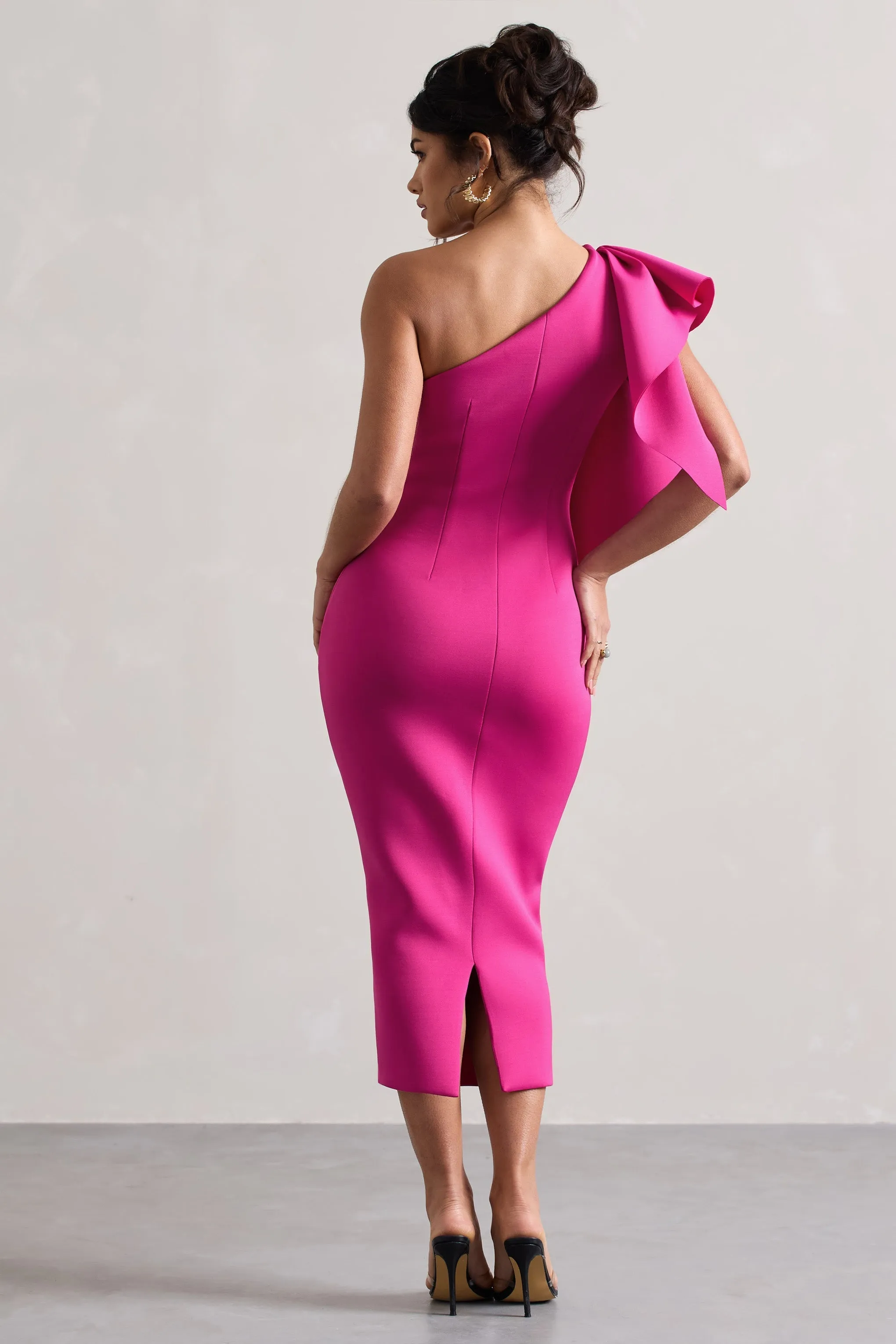 Polo | Dark Pink One Shoulder Bodycon Midi Dress With Ruffle