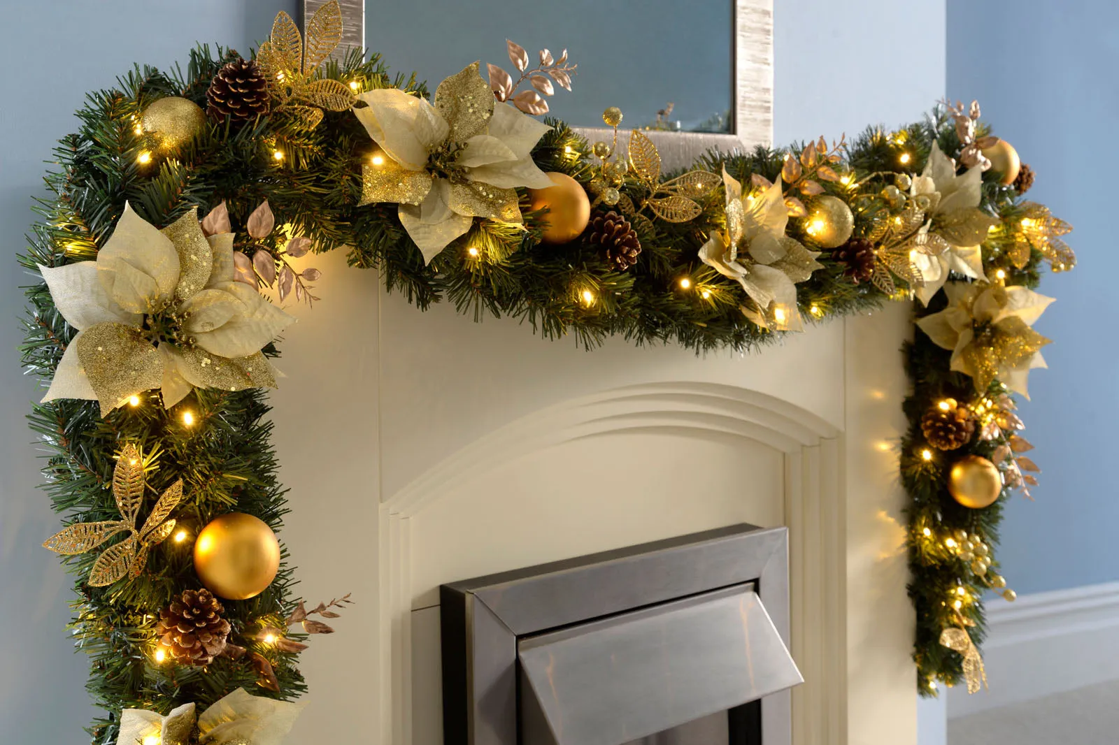 Pre-Lit Extra Thick Garland, Cream/Gold, 9 ft